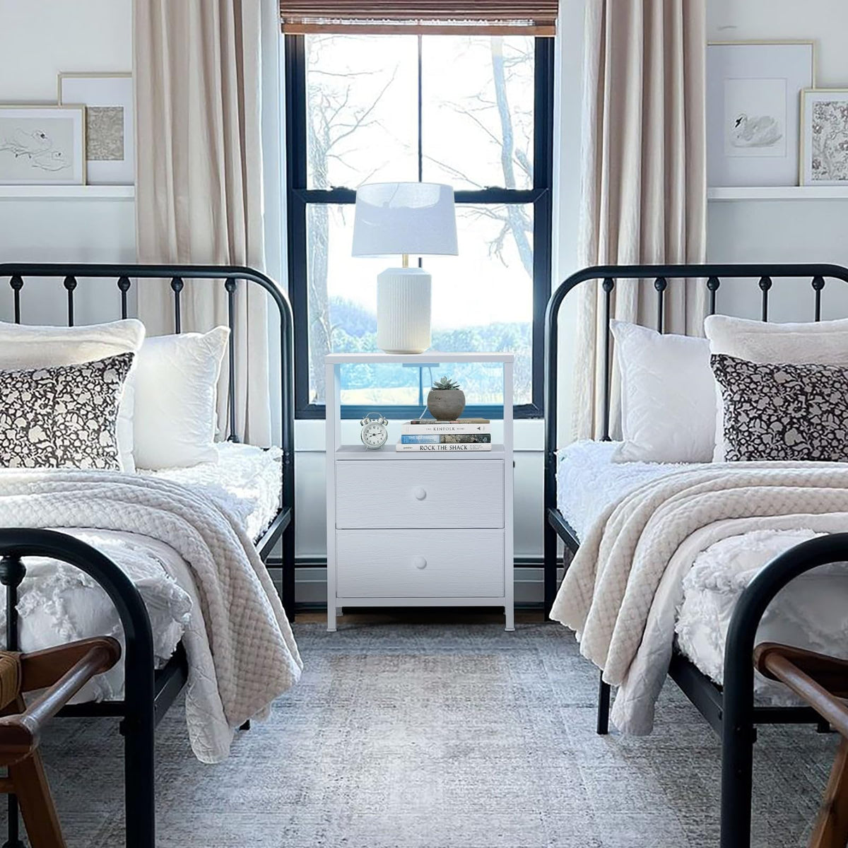 Compact dimensions of the BOLUO nightstand fit small bedrooms.