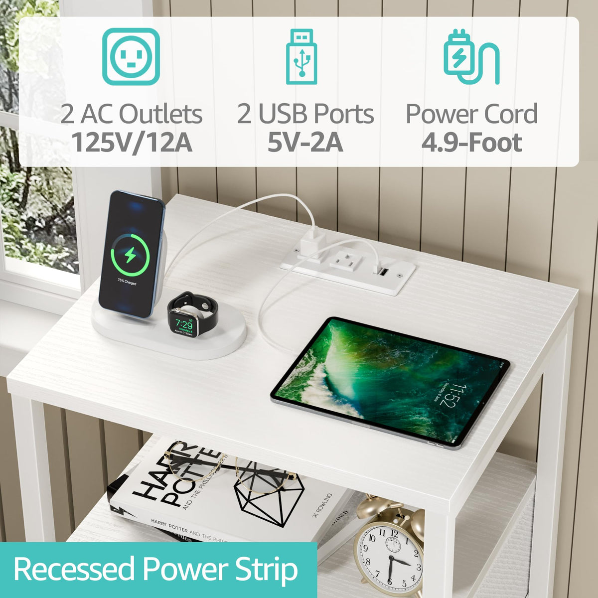 BOLUO Nightstand dual AC outlets expand bedside charging options.