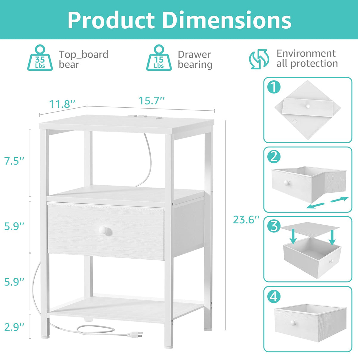 BOLUO white nightstand fabric drawer close-up showcases soft texture.