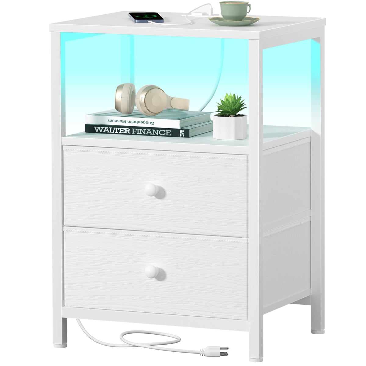 BOLUO White Nightstand with LED mood light enhances bedside ambiance.