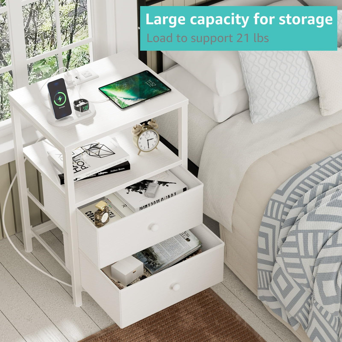 Removable wooden handle on the BOLUO nightstand drawer for simple access.