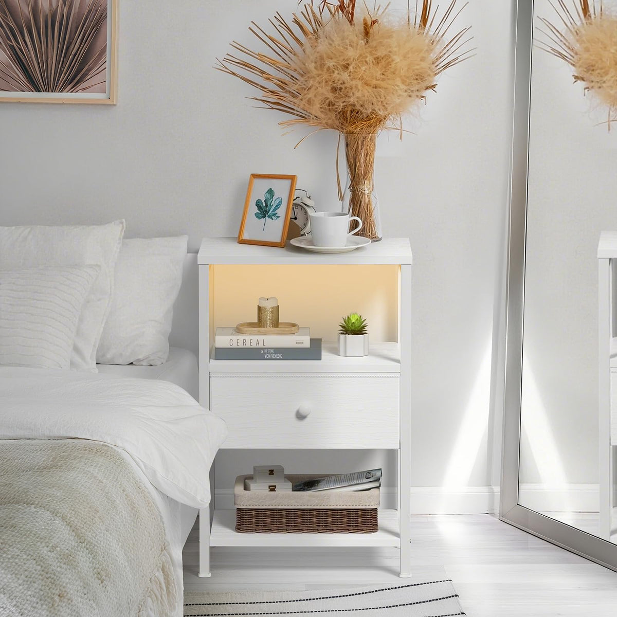 BOLUO nightstand with two USB ports and two outlets for easy charging.