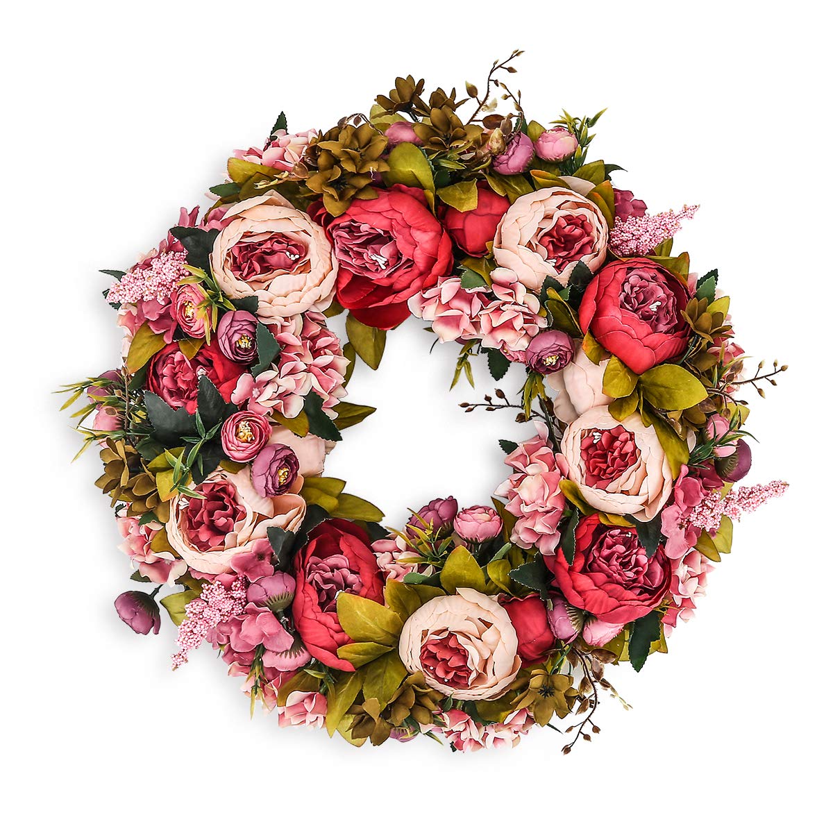 BOMAROLAN wreath on front door with lifelike peonies for curb appeal