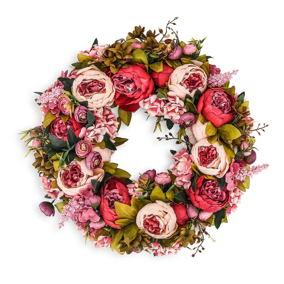 BOMAROLAN wreath on front door with lifelike peonies for curb appeal