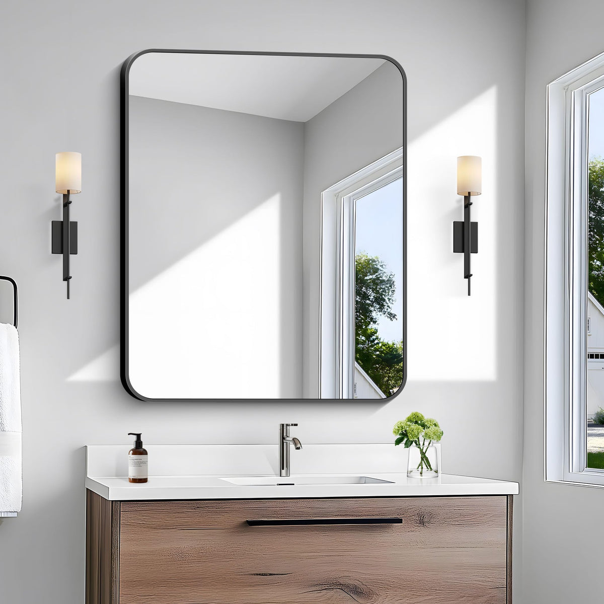 Bonewei 30x36 inch black bathroom mirror with rounded corners for a modern focal point.