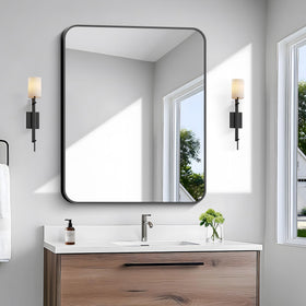 Bonewei 30x36 inch black bathroom mirror with rounded corners for a modern focal point.
