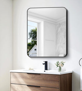 Bonewei rectangle mirror shown horizontal for a wide, open bathroom feel.