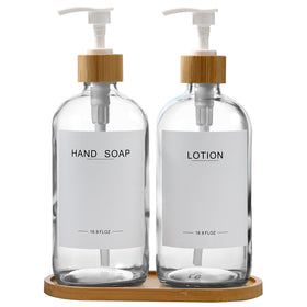 BONLONG clear glass soap dispenser with bamboo pumps on a tray for stylish organization