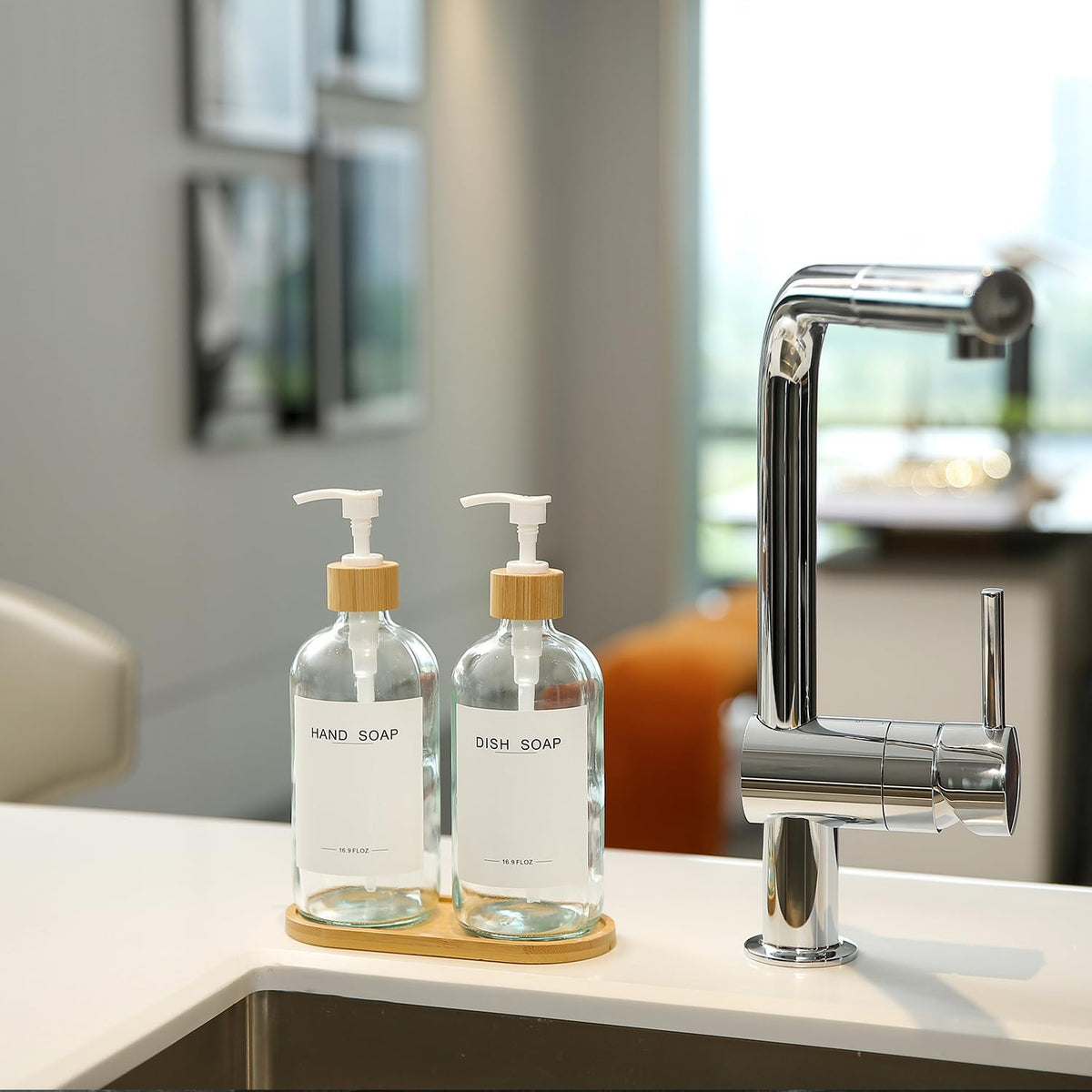BONLONG dish soap dispenser in clear glass with bamboo accent for kitchen tidiness