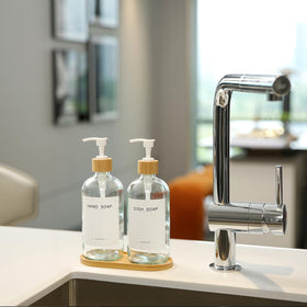 BONLONG dish soap dispenser in clear glass with bamboo accent for kitchen tidiness