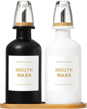Bonlong mouthwash dispenser with bamboo stainless-steel spout for smooth pouring.