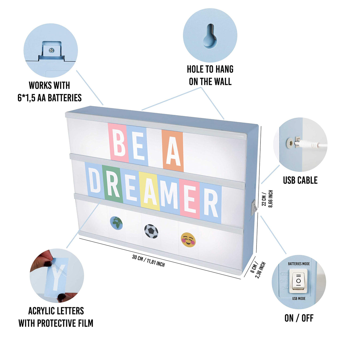 BONNYCO Blue Cinema Light Box emojis add playful moods for celebrations and notes.