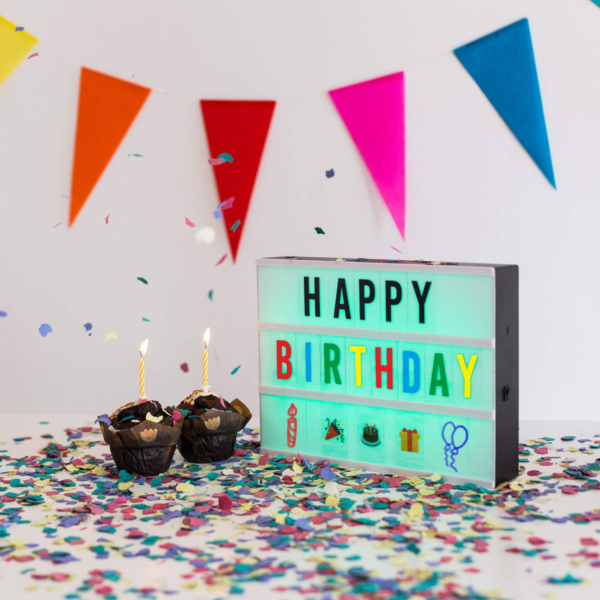 BONNYCO cinema light box showing letters and emojis for creative messages.