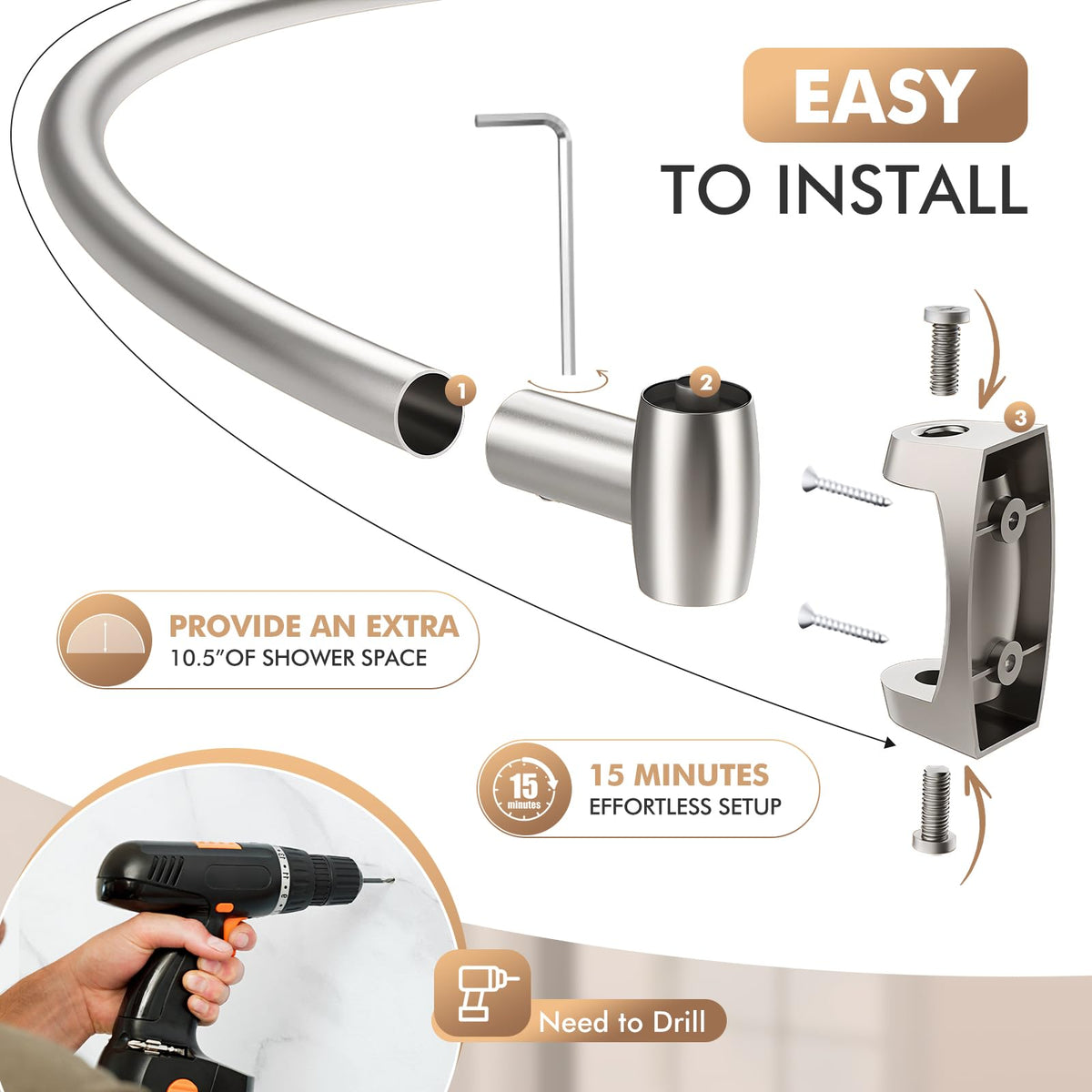 Bonpally adjustable length fits 40-72 inches in many bathrooms.