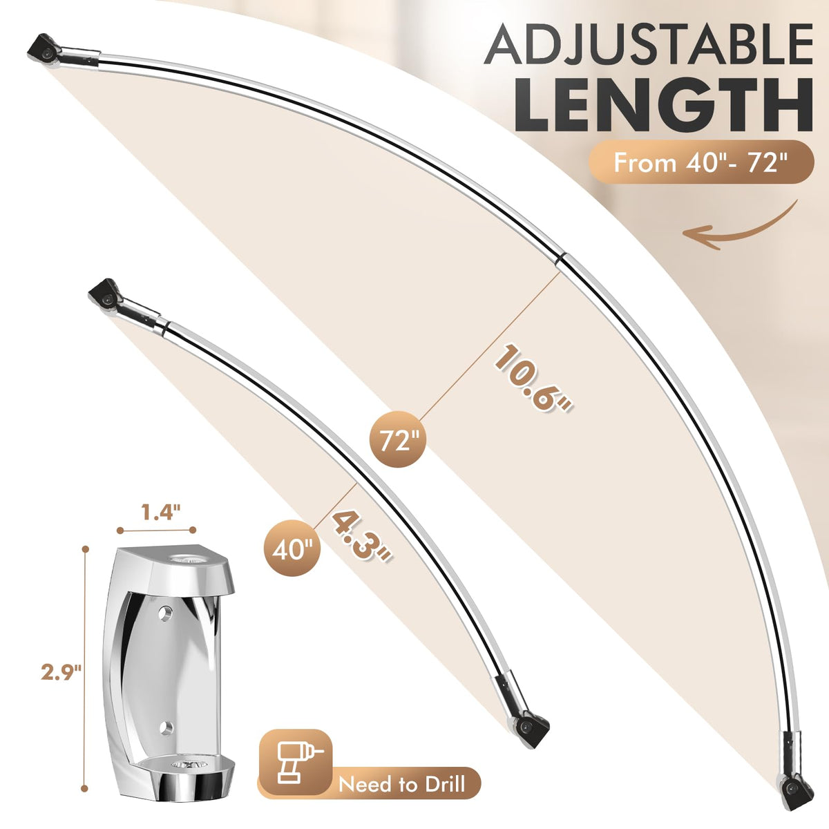 Bonpally curved shower rod zero point nine millimeter pipe for durable rustproof performance