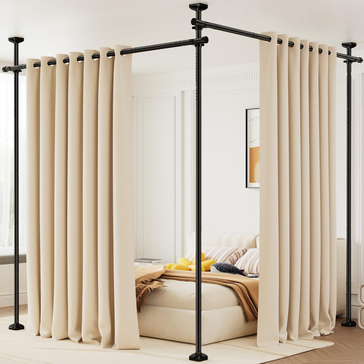 Bonpally room divider rod, no drill setup for rental spaces.