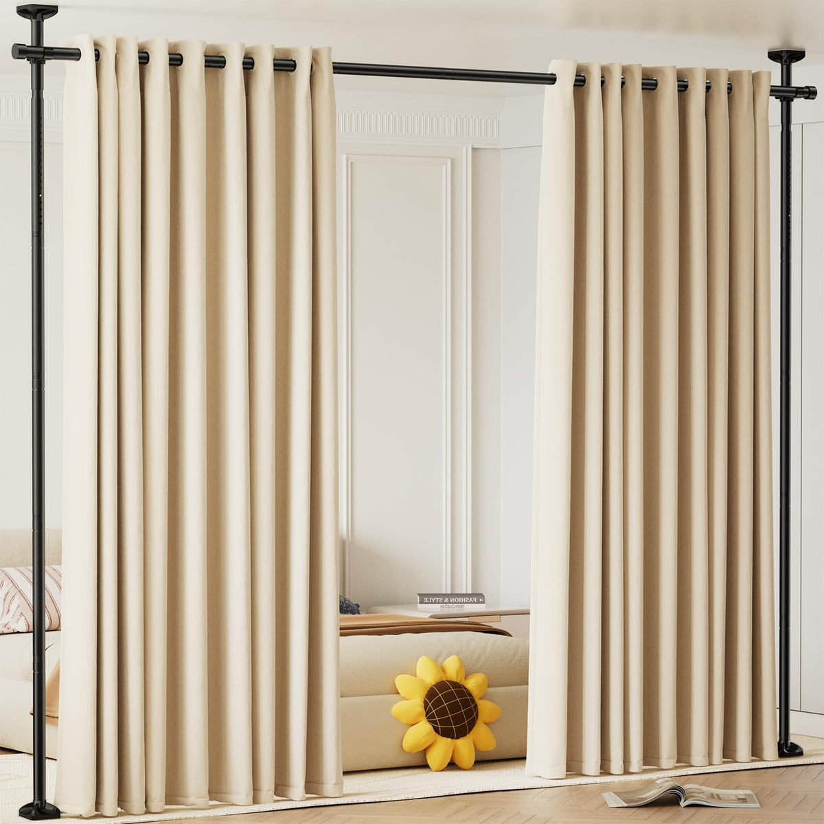 Bonpally room divider rod in floor-to-ceiling setup for quick space division