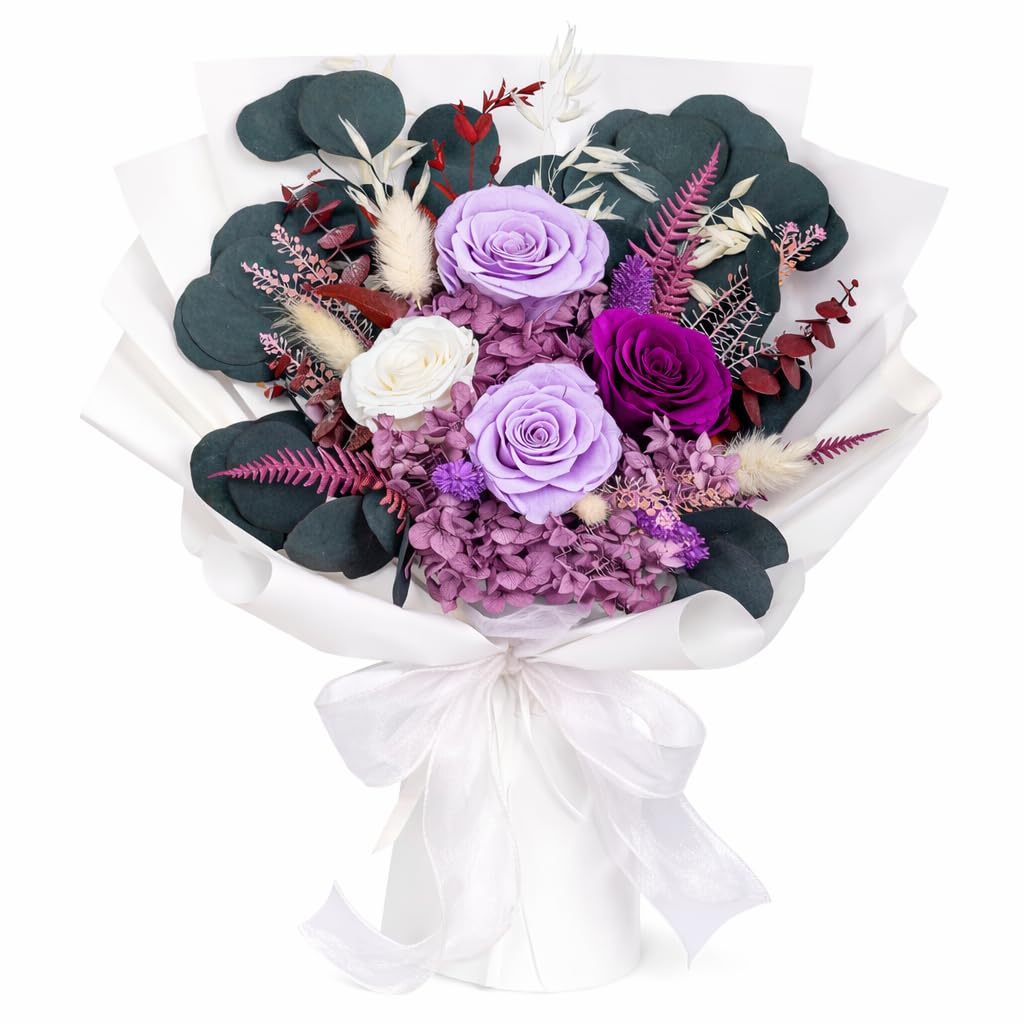 Bonsion preserved flowers delivery purple rose bouquet on a table, lasting beauty for years.