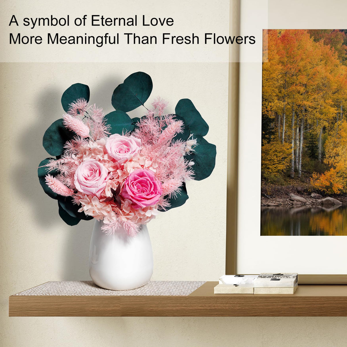 Bonsion preserved flowers displayed on a shelf for a timeless look
