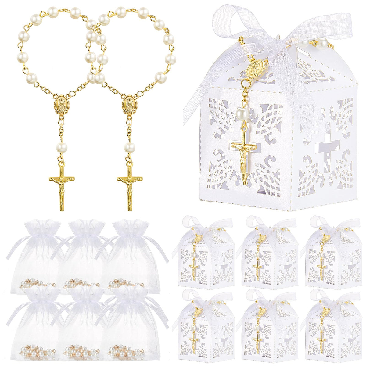 Bonuci baptism favors with acrylic rosary beads for an elegant gift.