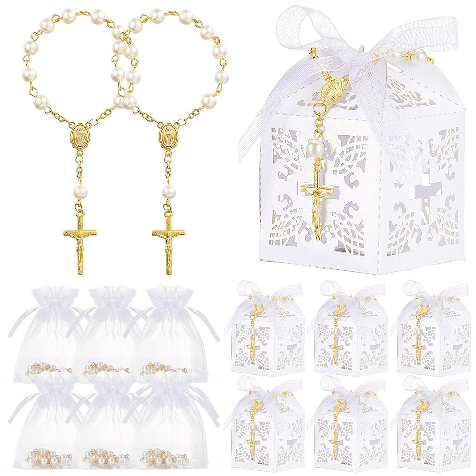 Bonuci baptism favors with acrylic rosary beads for an elegant gift.
