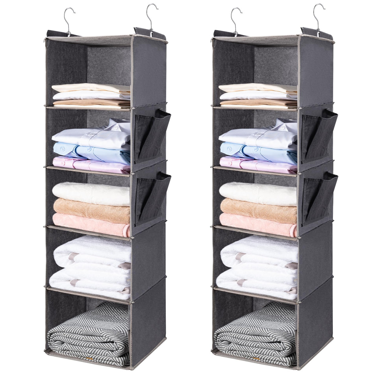 BOOMIBOO 5-tier hanging organizer in grey keeps clothes neatly organized and accessible.