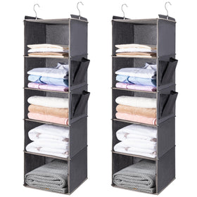 BOOMIBOO 5-tier hanging organizer in grey keeps clothes neatly organized and accessible.