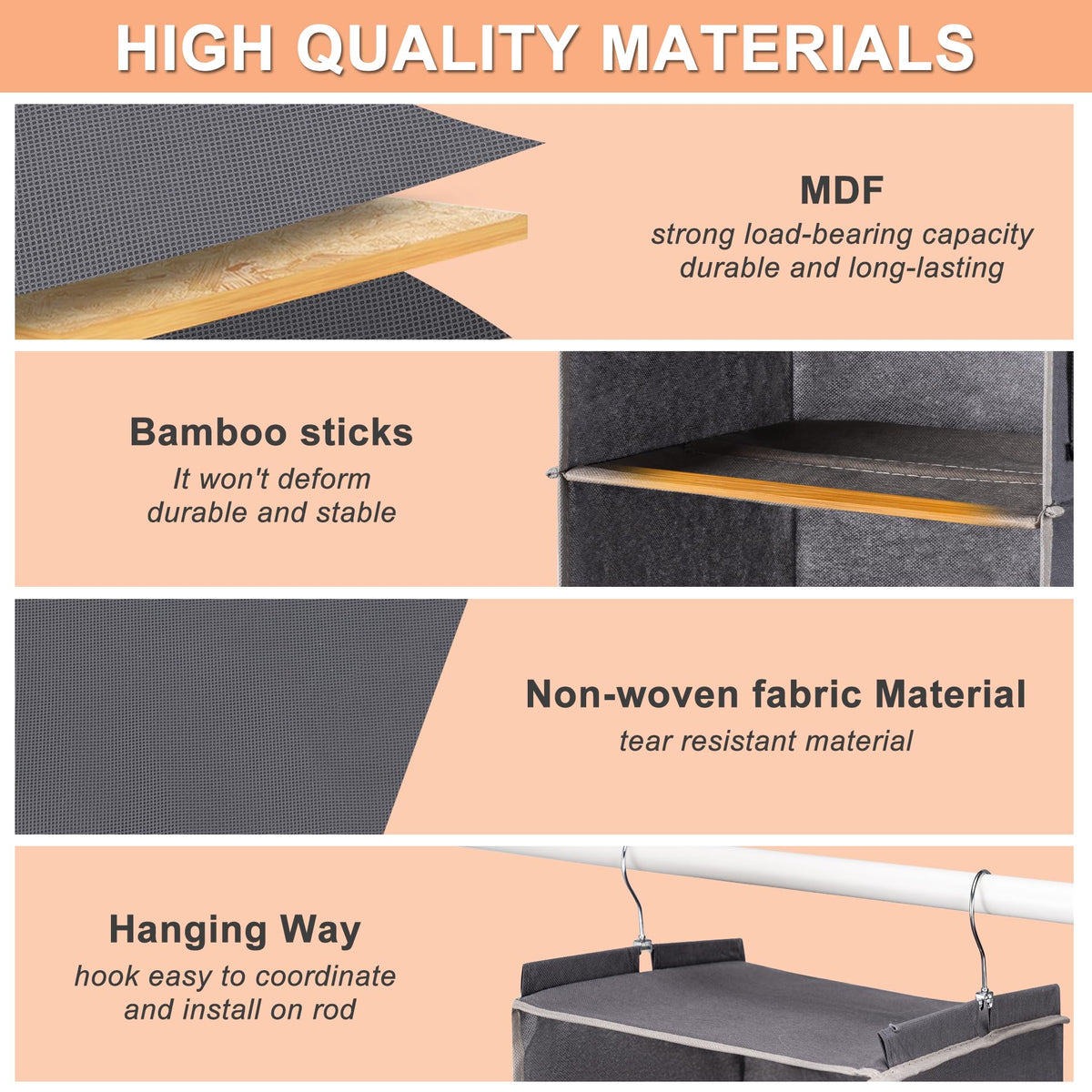 BOOMIBOO organizer features a reinforced steel frame for lasting closet support.