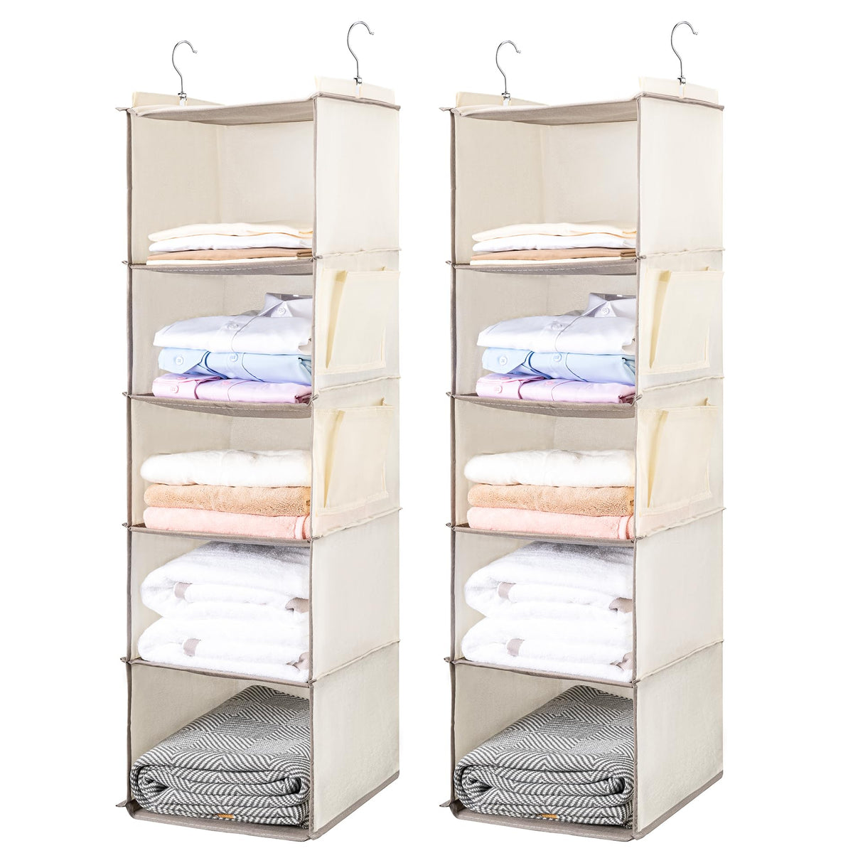 BOOMIBOO 5-tier hanging closet organizer keeps clothes neatly organized.