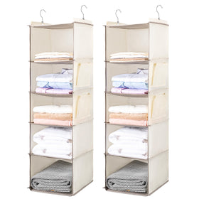 BOOMIBOO 5-tier hanging closet organizer keeps clothes neatly organized.