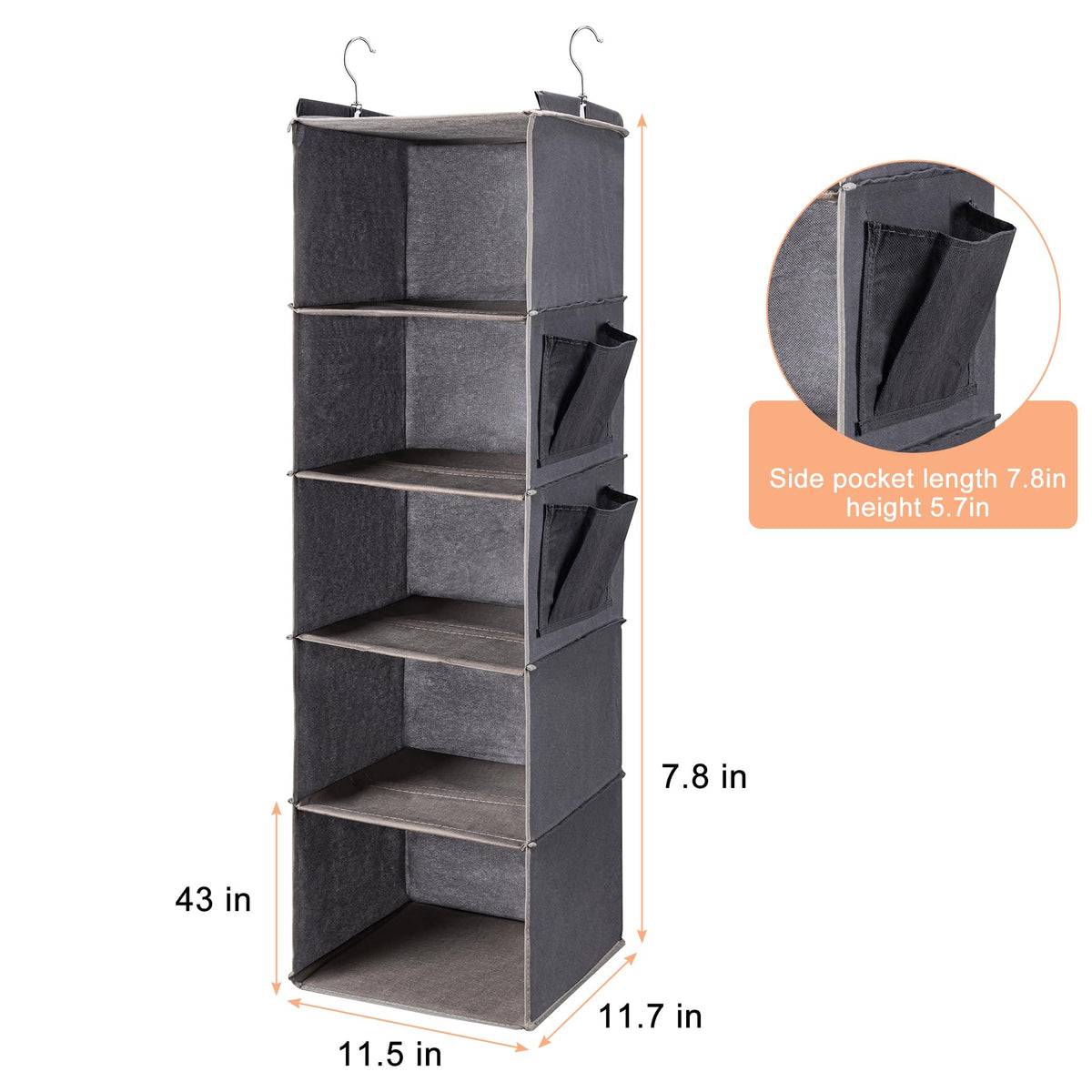 BOOMIBOO hanging organizer with side pockets adds extra storage for accessories.