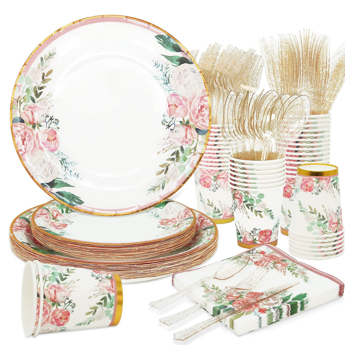 Boosolo Floral party plates with pink petals for an elegant bridal shower.