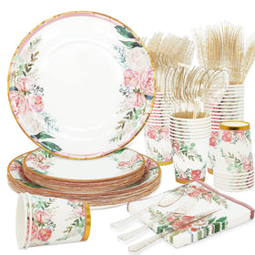 Boosolo Floral party plates with pink petals for an elegant bridal shower.
