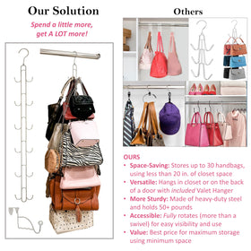 Boottique purse hanger rotates 360 degrees for easy bag access.