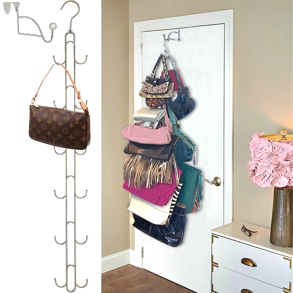 Boottique six hooks per side design maximizes purse capacity.