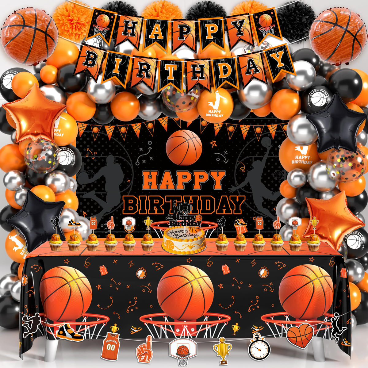 BORAMDO basketball arch kit for a dramatic sports party backdrop.