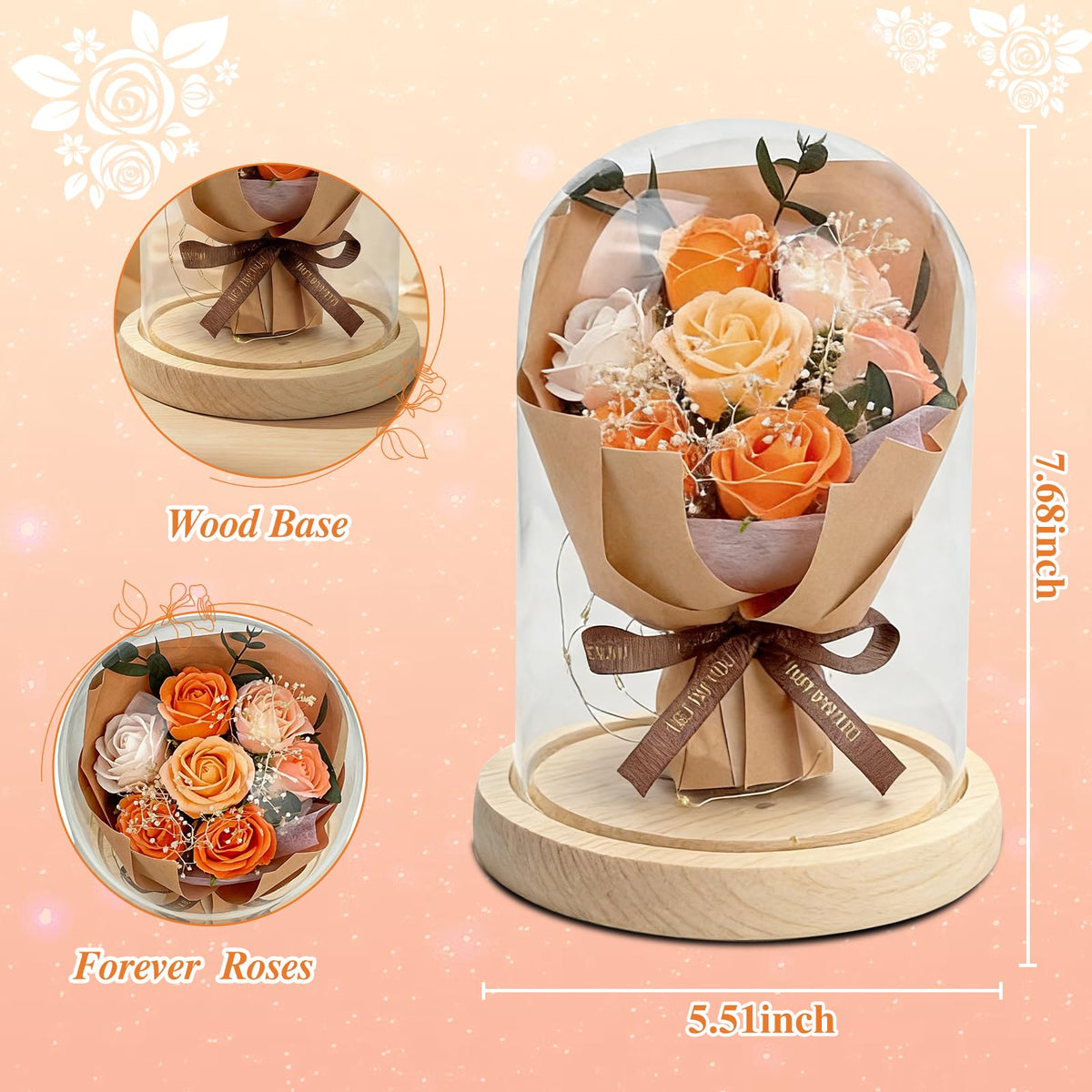 BORNA preserved rose dome with baby breath detail, elegant pastel decor.