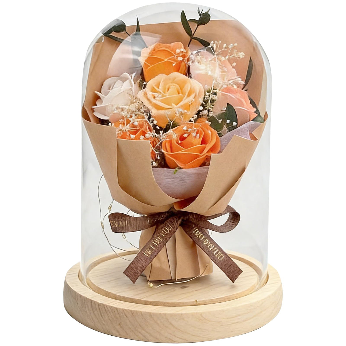 BORNA preserved rose in a glass dome with champagne glow, ideal for gifting.