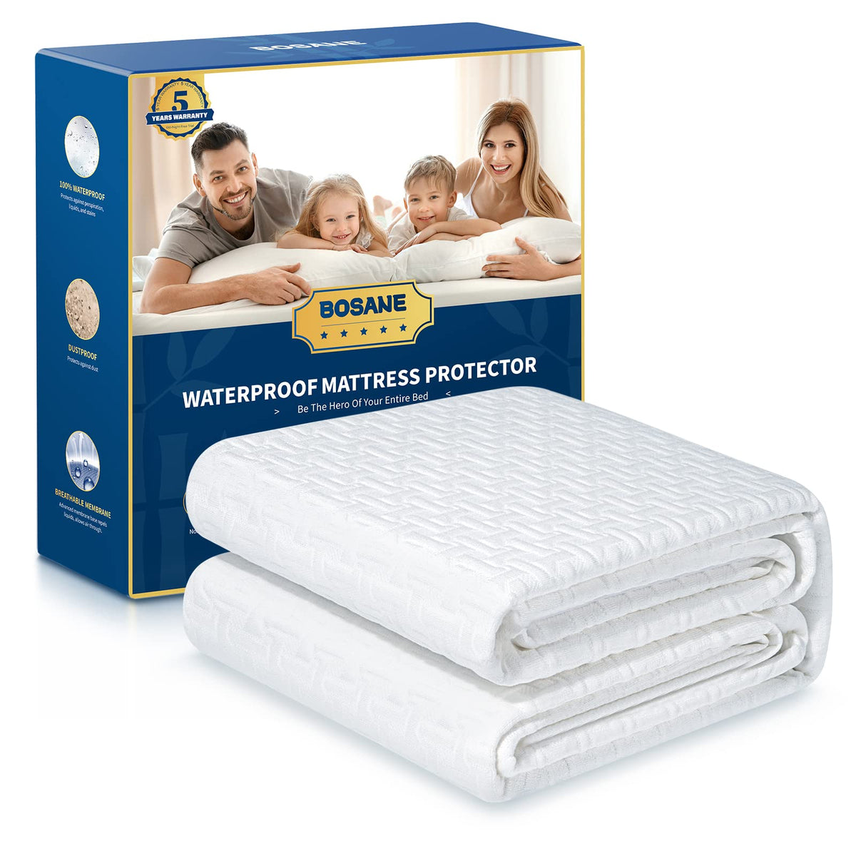 Bosane waterproof mattress protector with 3D air fabric for cooling and leak protection.