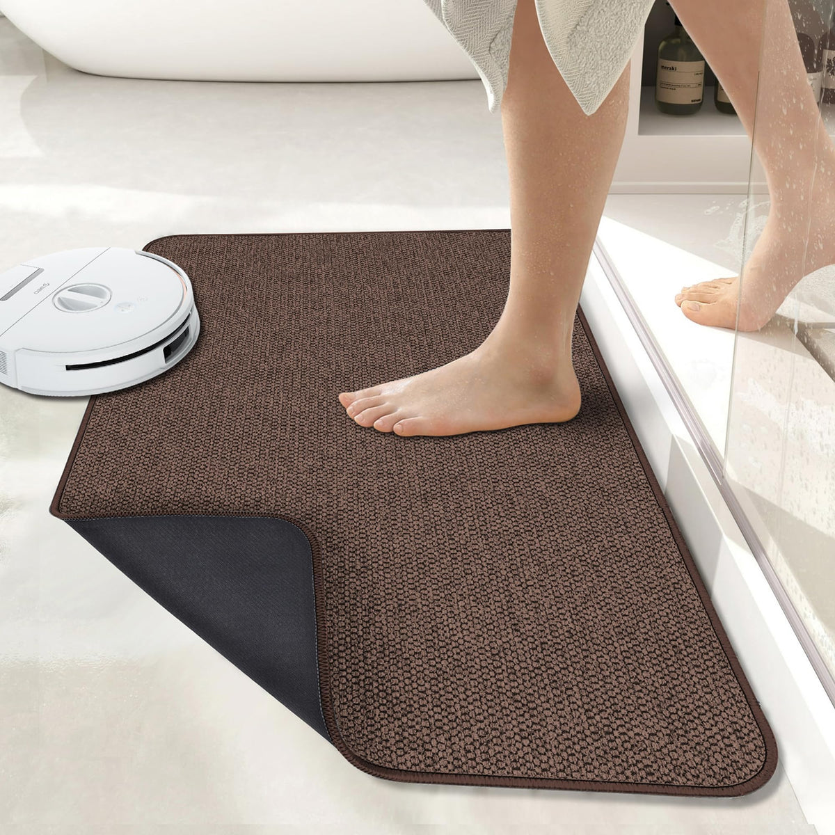 Bosap bath mat ultra-thin design fits beneath doors for unobstructed closure.