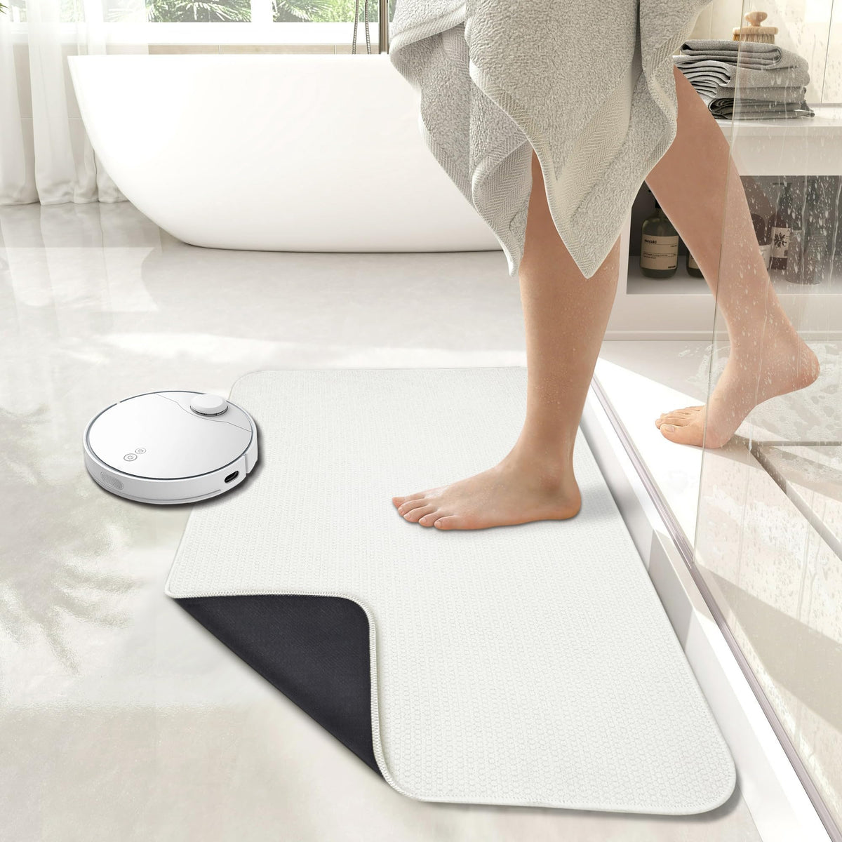 Bosap bath mat shown in a cozy bathroom setup for safe soft steps.