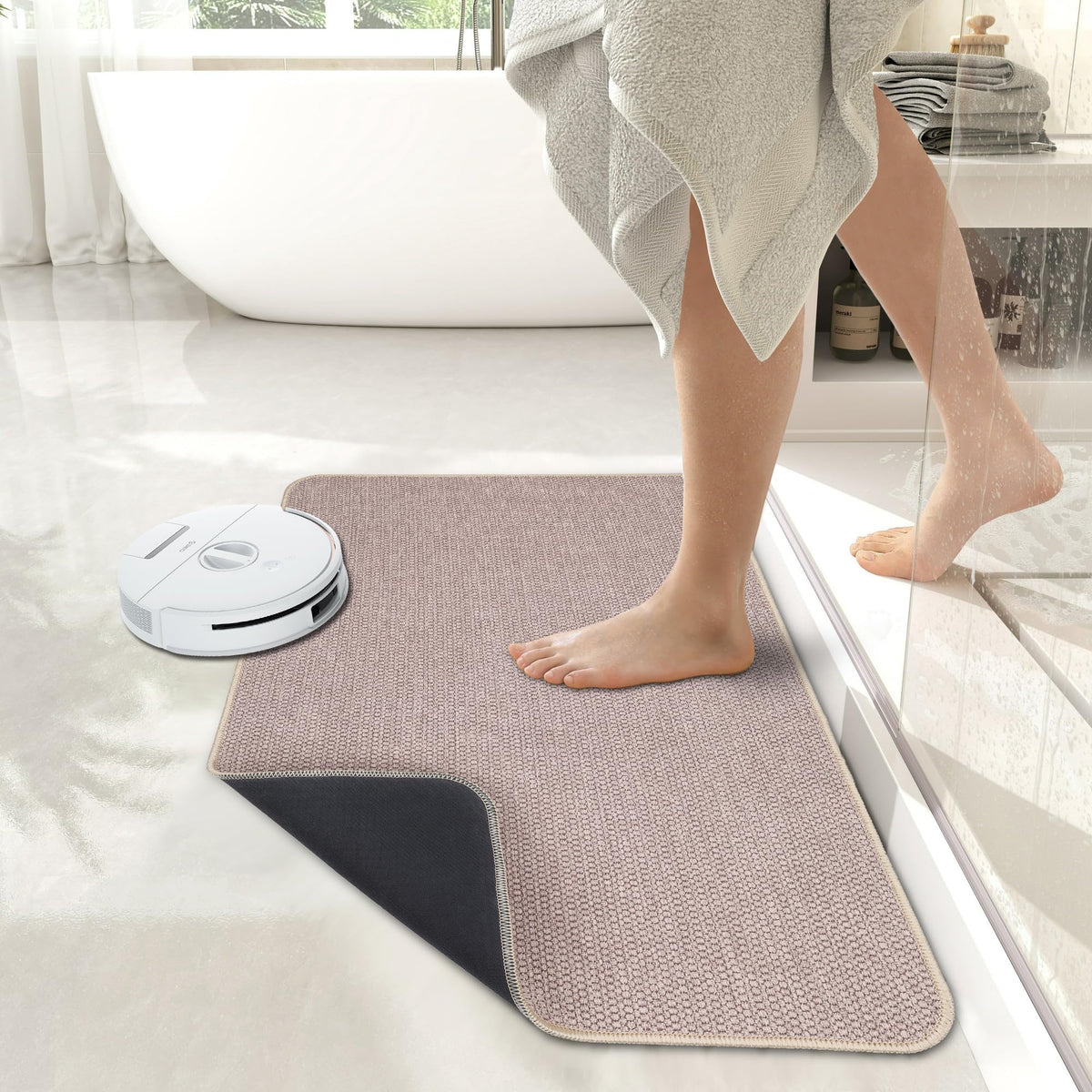 Bosap beige 2x3 ft bath mat blends with decor and absorbs moisture.