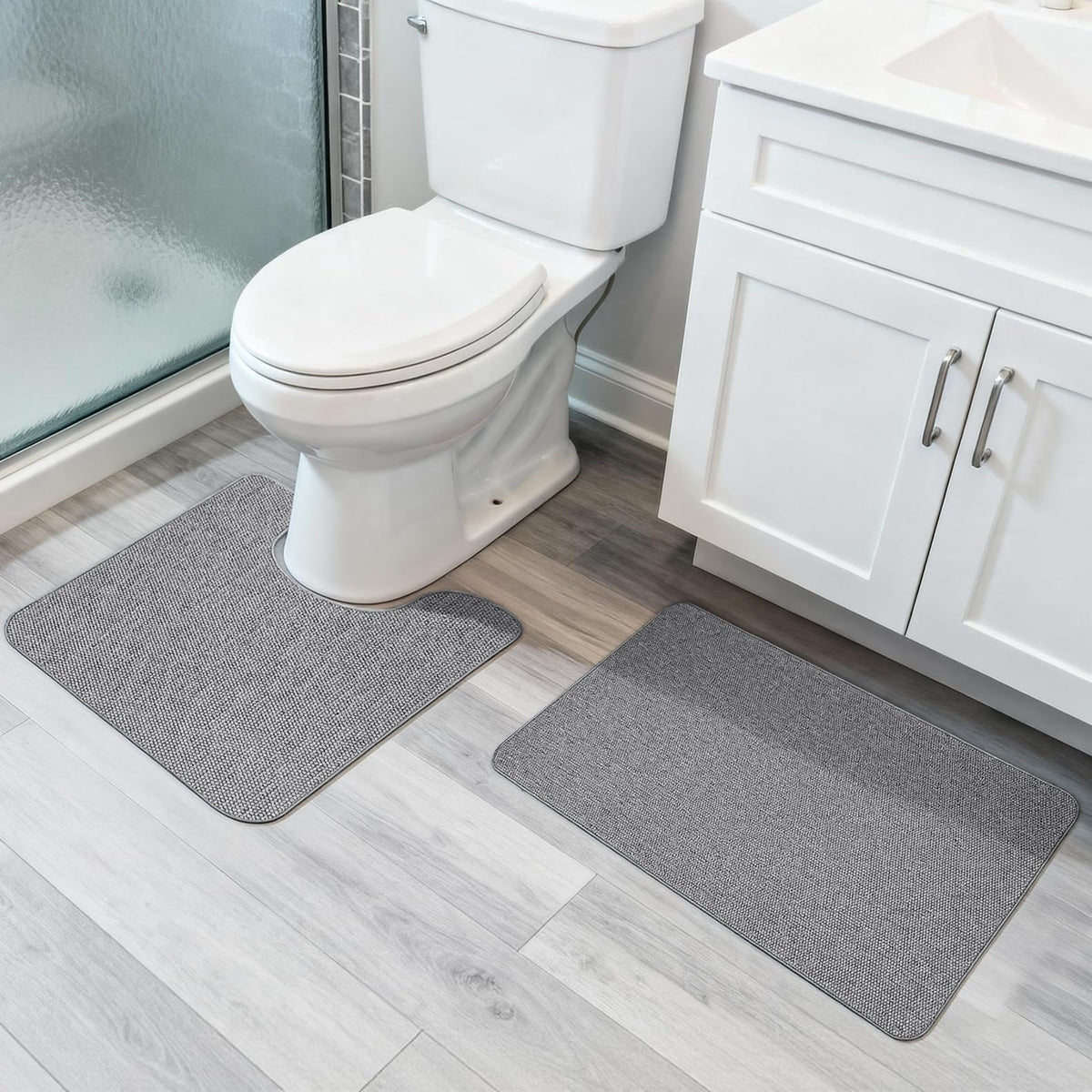 Bosap thin bathroom mat under door showing low-profile, non-slip stability.