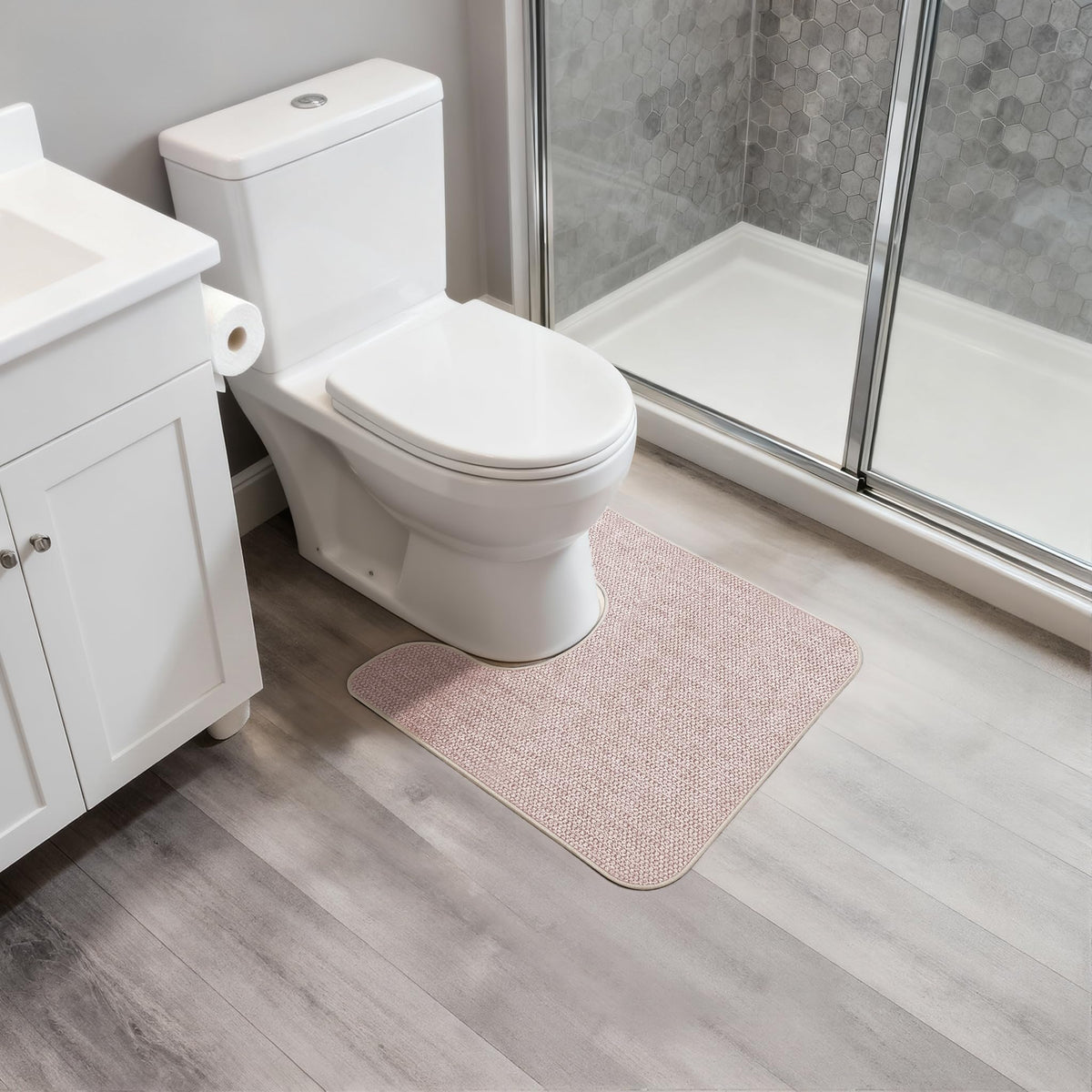 Bosap beige 20x24 inch U-shaped rug for a calm bathroom look.