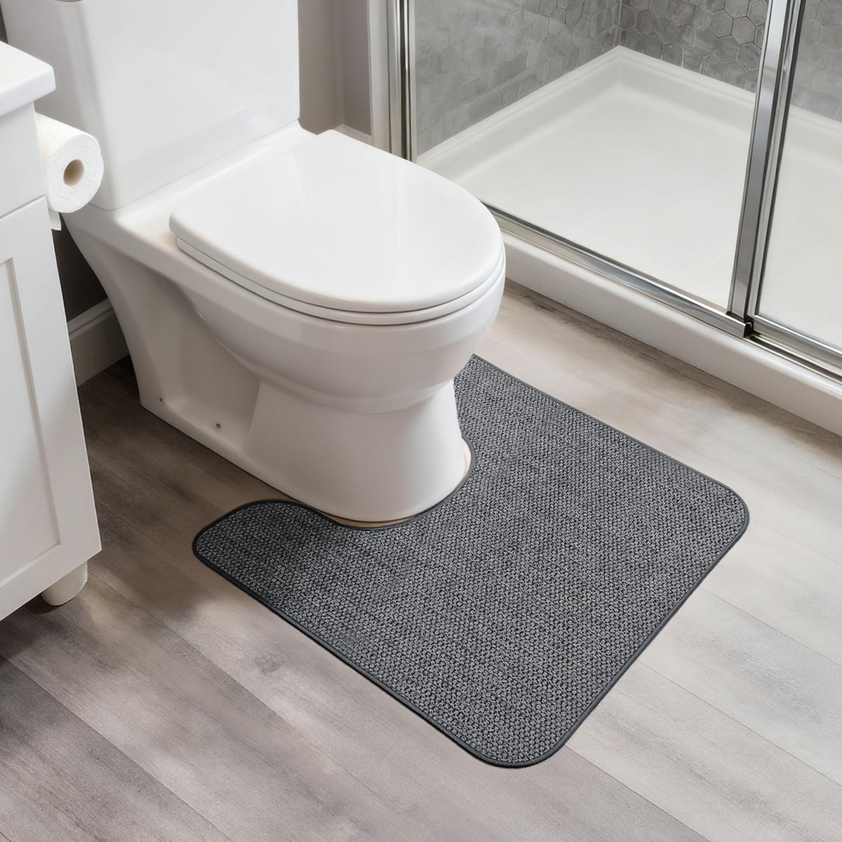 Bosap U-shaped toilet rug front view in dark grey, ultra-thin and quick-drying.