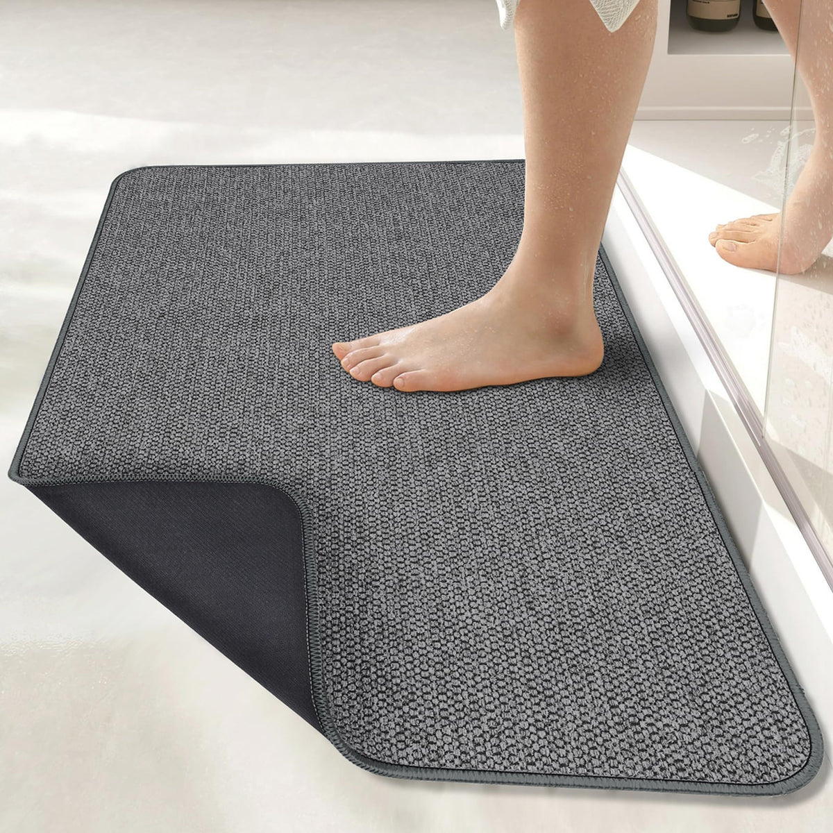 Bosap ultra-thin bath mat under door shows compact, non-slip safety in tight spaces