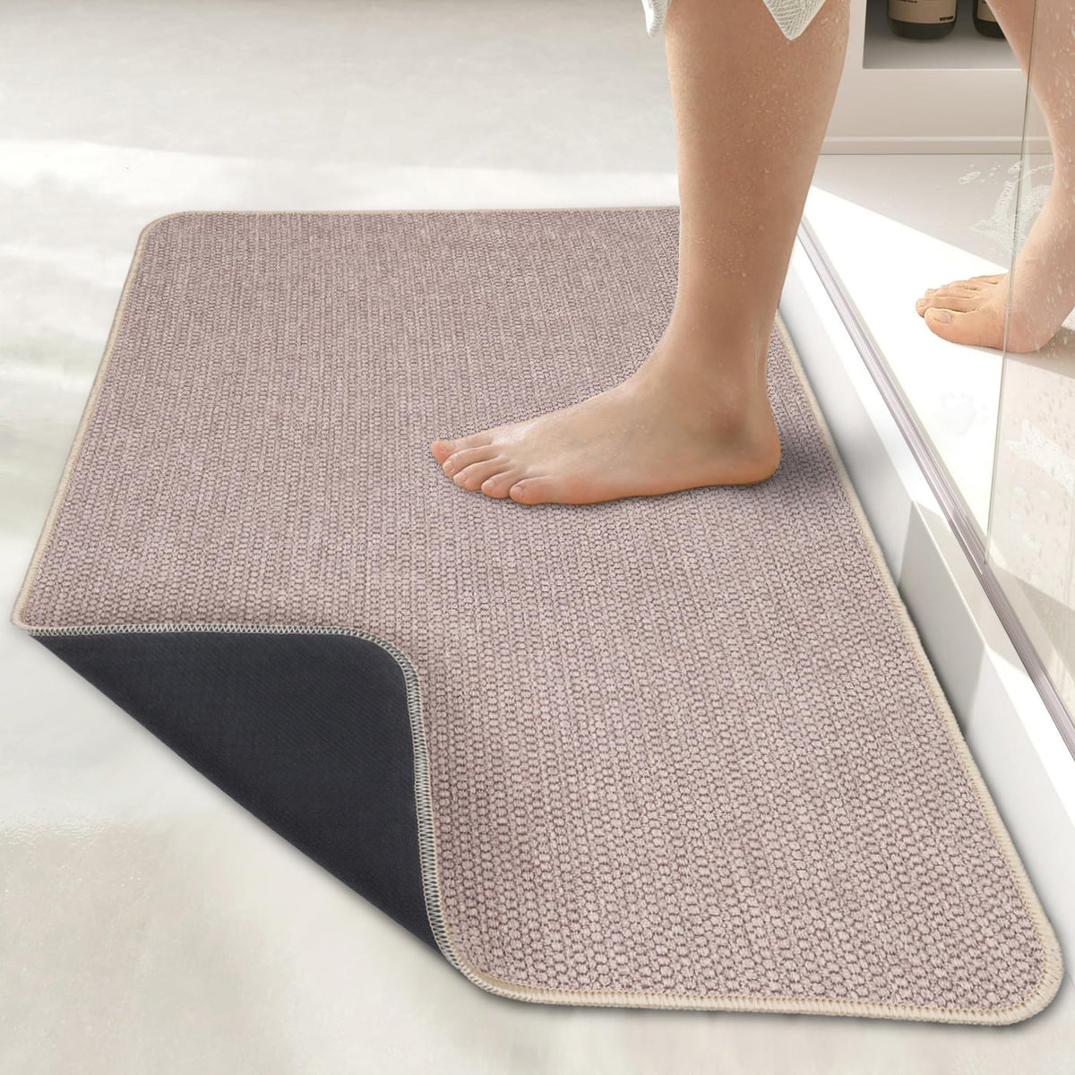 Bosap ultra-thin bath mat with under-door design for clutter-free door clearance and quick setup.