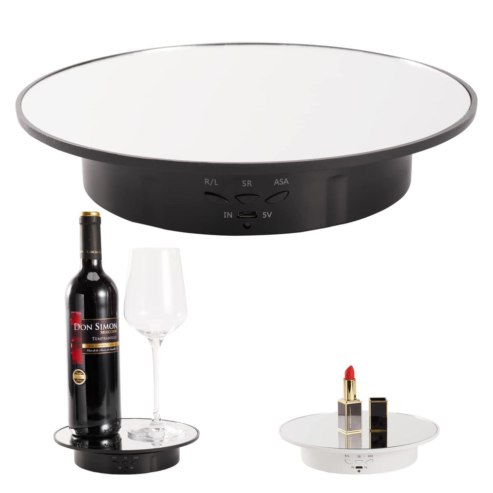Bosgladek motorized display stand showing 360° rotation for versatile product photography.
