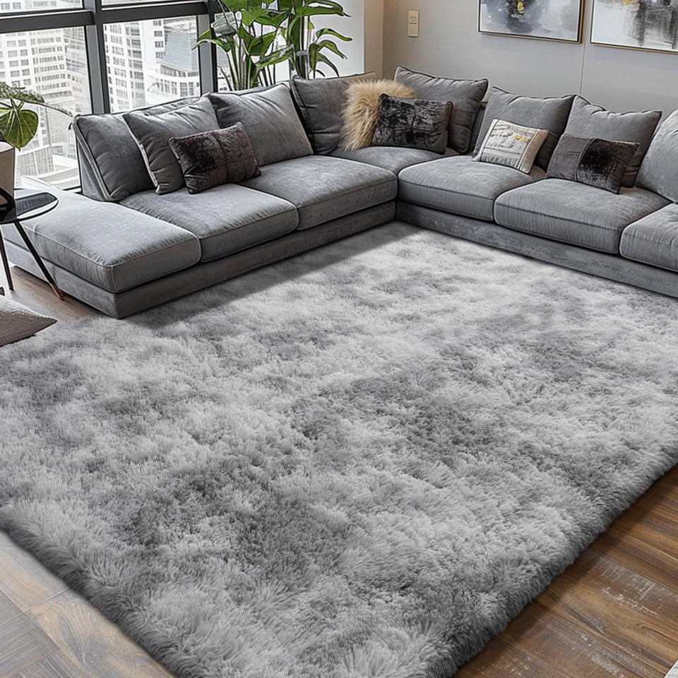 Boshengya shag area rug 8x10 tie-dye grey adds cozy style to any room.