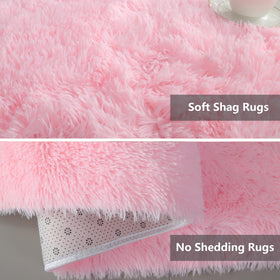 Boshengya pink shag rug in living room adds warmth and modern style.